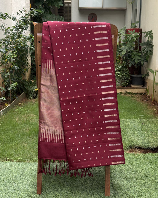 Royal Maroon Silk Saree with Silver Dot Motifs