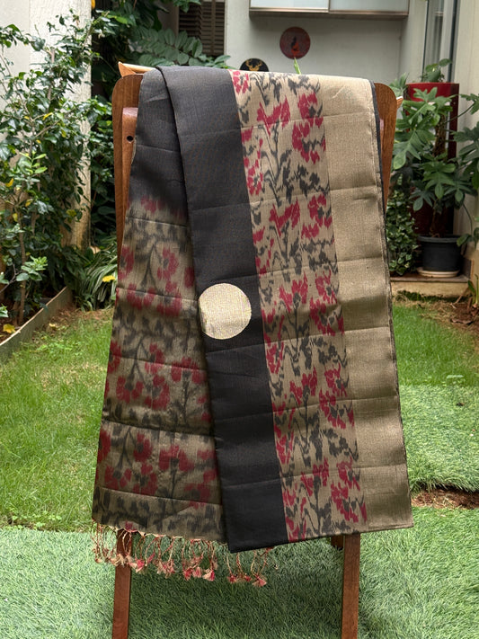 Charcoal Black Silk Saree with Ikat Floral Weave and Statement Polka Motif
