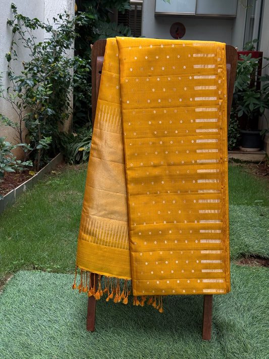 Mustard Gold Silk Saree with Polka Buttas and Contemporary Zari Stripes