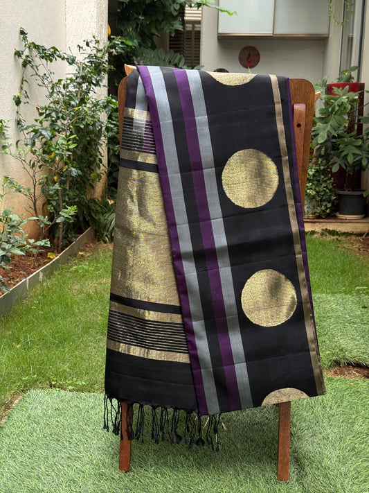 Midnight Black Silk Saree with Golden Polka Motifs