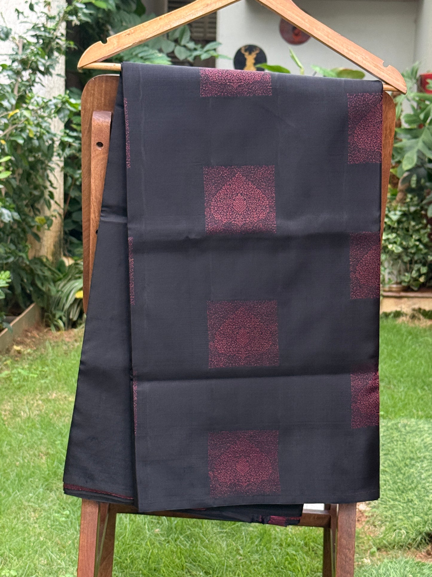 Midnight Black Silk Saree with Burgundy Heritage Motifs