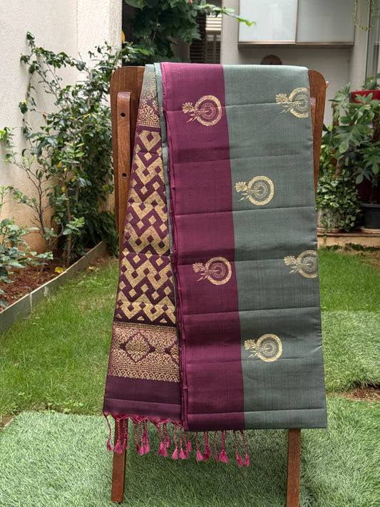 Dual Tone Sage Green & Deep Plum Handwoven Silk Saree with Heritage Zari Motifs