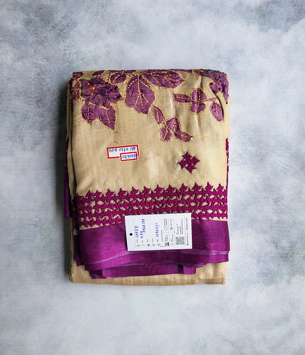 Beige Purple Floral Applique Tussar Silk Saree with Purple Border