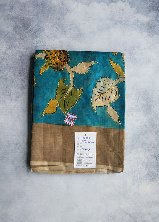 Blue Kalamkari Tussar Silk Saree with Golden Beige Border