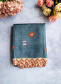 Slate Blue Mirror Work Tussar Silk Saree with Terracotta Zigzag Border
