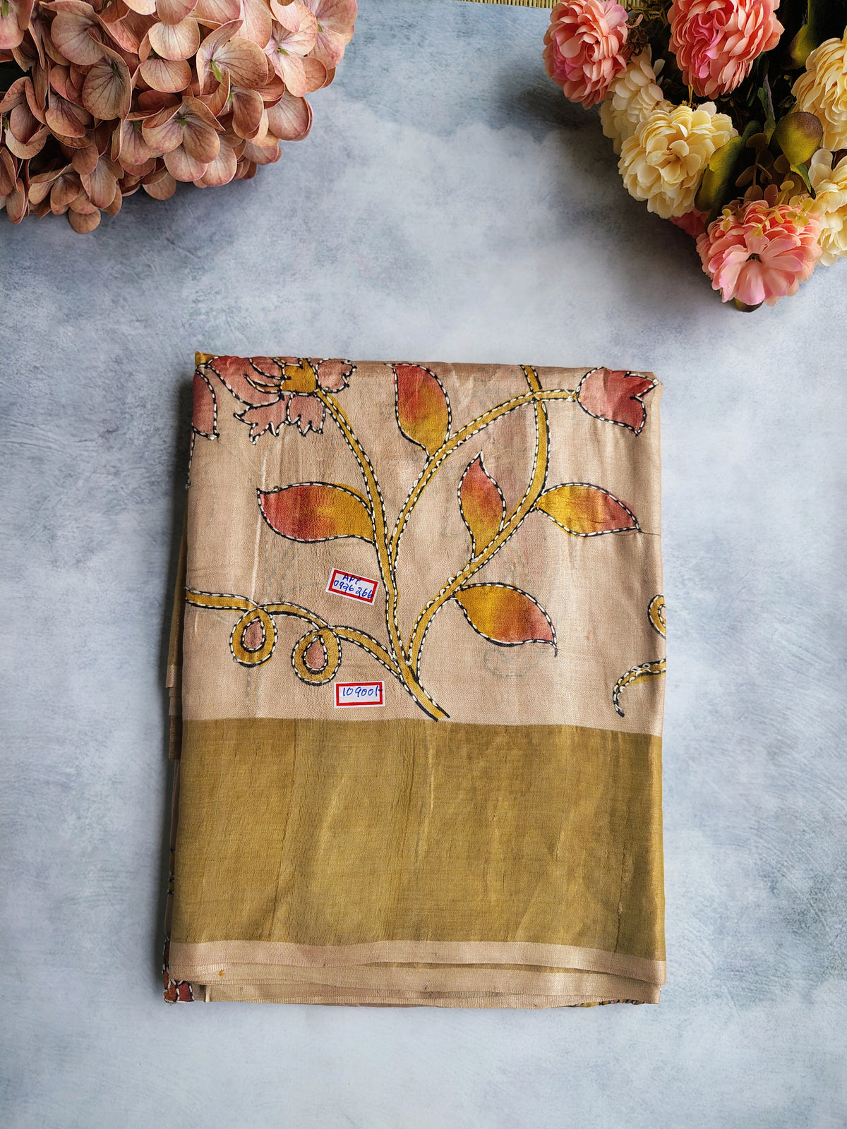 Beige Autumn Leaf Kalamkari Tussar Silk Saree with Golden Olive Border