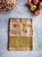 Beige Autumn Leaf Kalamkari Tussar Silk Saree with Golden Olive Border