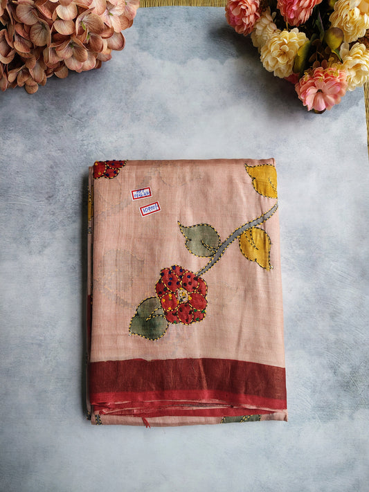 Blush Pink Rose Kalamkari Tussar Silk Saree with Red Border