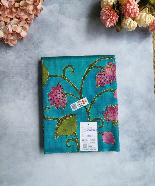Teal Lotus Kalamkari Tussar Silk Saree