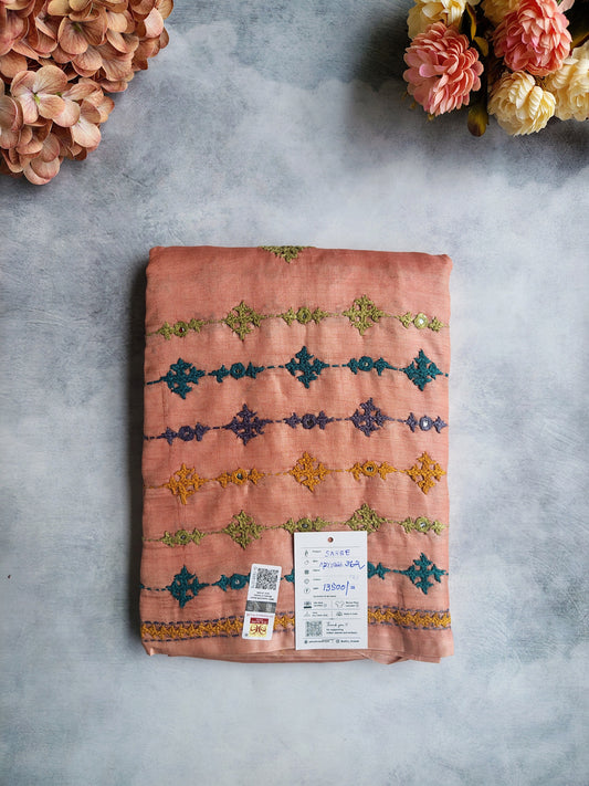 Peach Tussar Silk Saree with Multicolour Kutch Mirror Embroidery