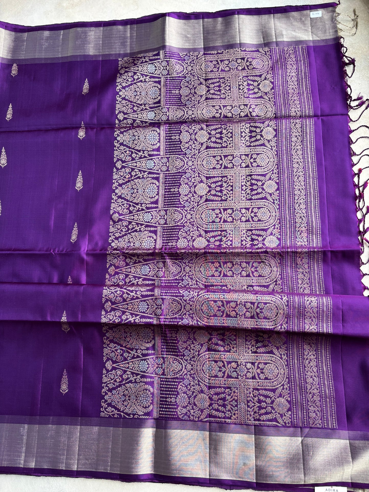 Royal Violet Silk Saree with Floral Buttas and Grand Zari Pallu
