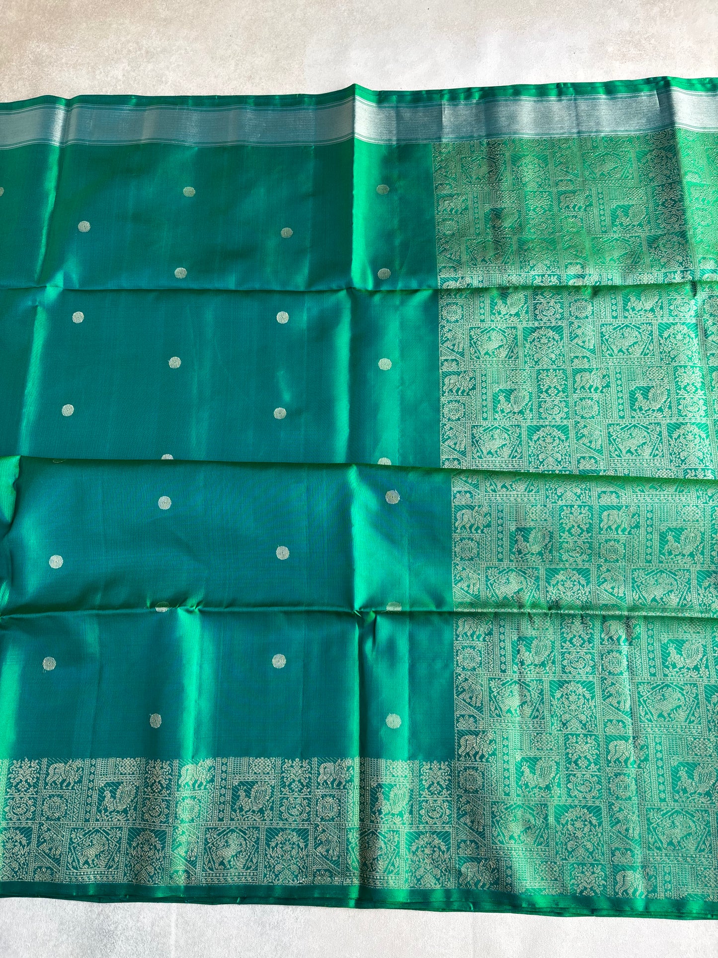 Emerald Teal Silk Saree with Heritage Zari Panel Border