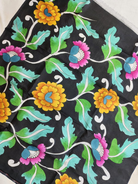 Hand-Painted Kalamkari Blouse Piece – Black Floral Vine Design