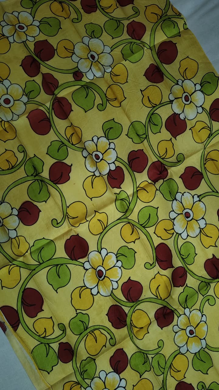 Hand-Painted Kalamkari Blouse Piece – Pastel Yellow Floral Vine Design
