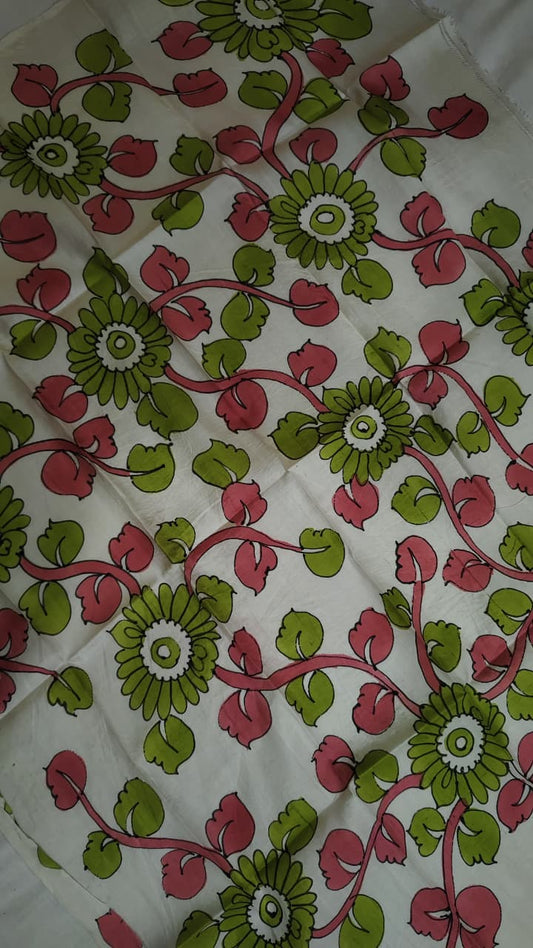 Hand-Painted Kalamkari Blouse Piece – Ivory Floral Vine Design