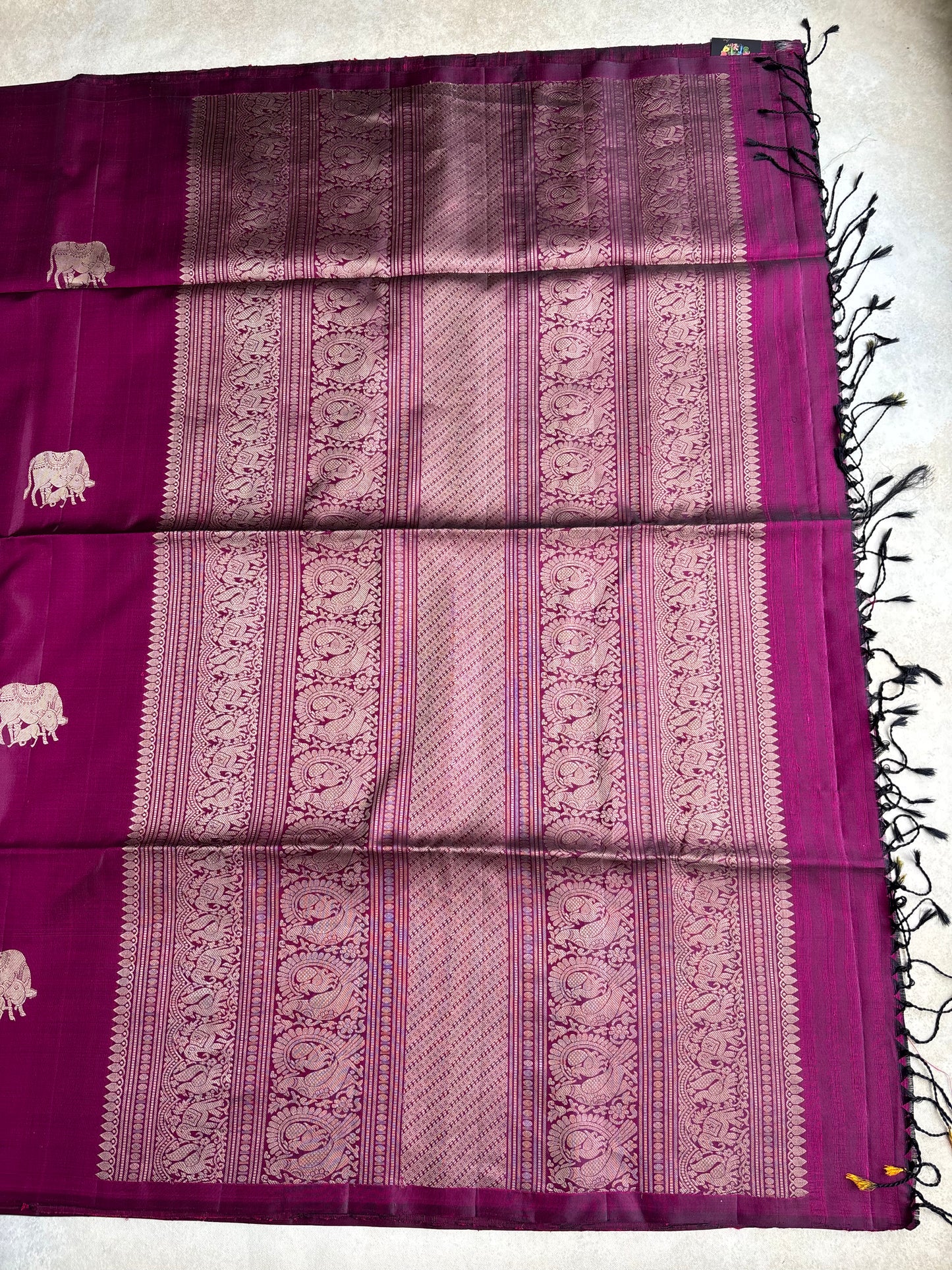 Royal Fuchsia Pink Silk Saree with Kamadhenu Motif Border
