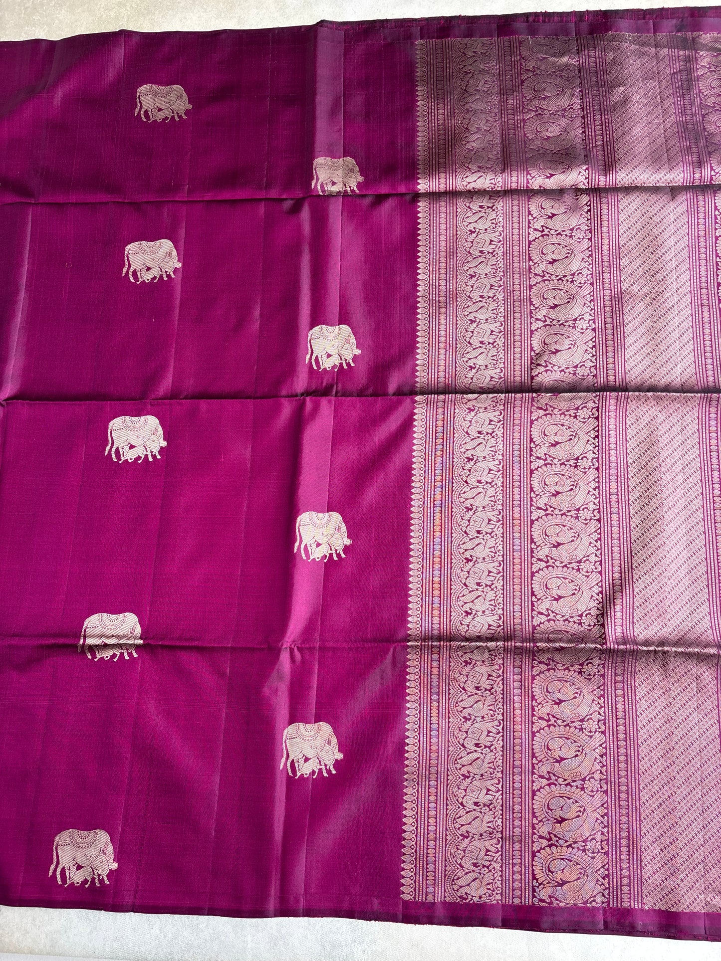 Royal Fuchsia Pink Silk Saree with Kamadhenu Motif Border