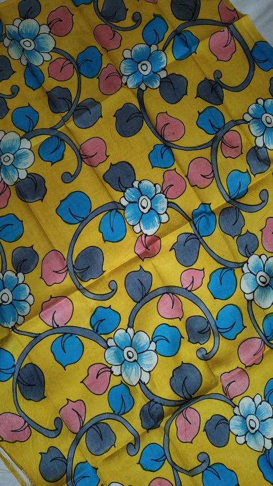 Hand-Painted Kalamkari Blouse Piece – Mustard Yellow Blue Floral Vine Design