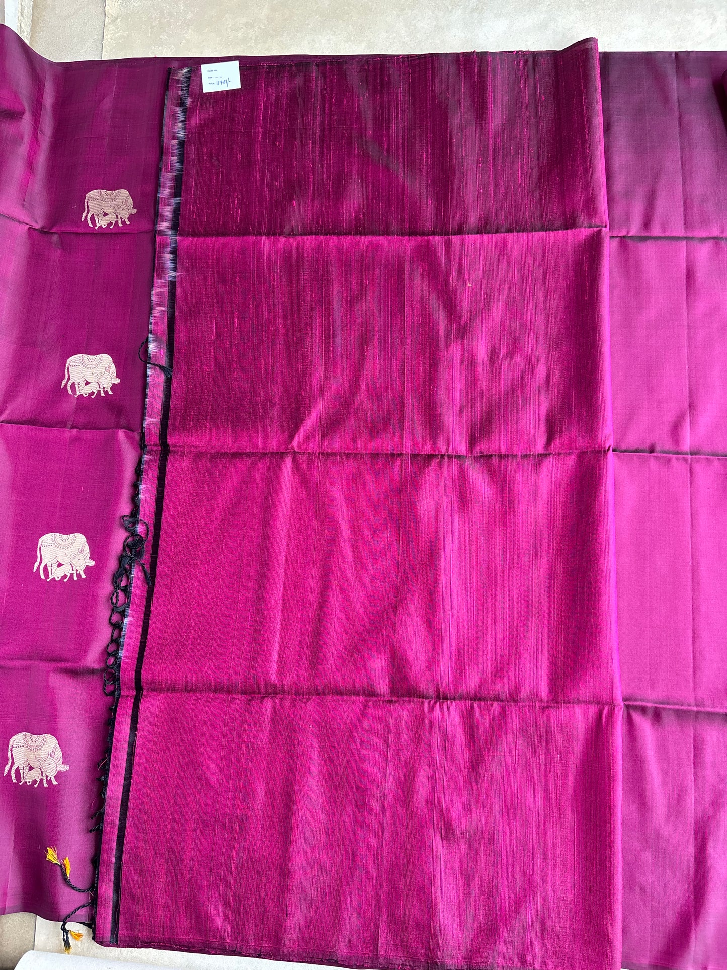 Royal Fuchsia Pink Silk Saree with Kamadhenu Motif Border