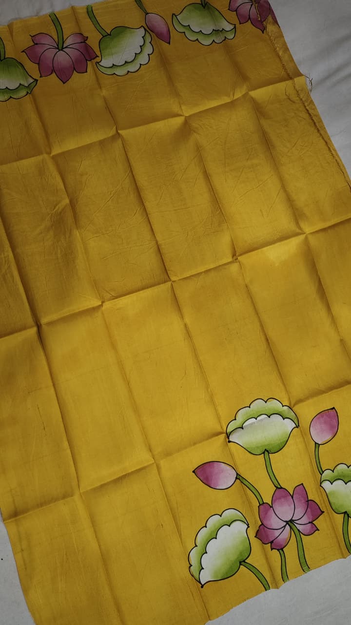Hand-Painted Kalamkari Blouse Piece – Mustard Yellow Lotus Design