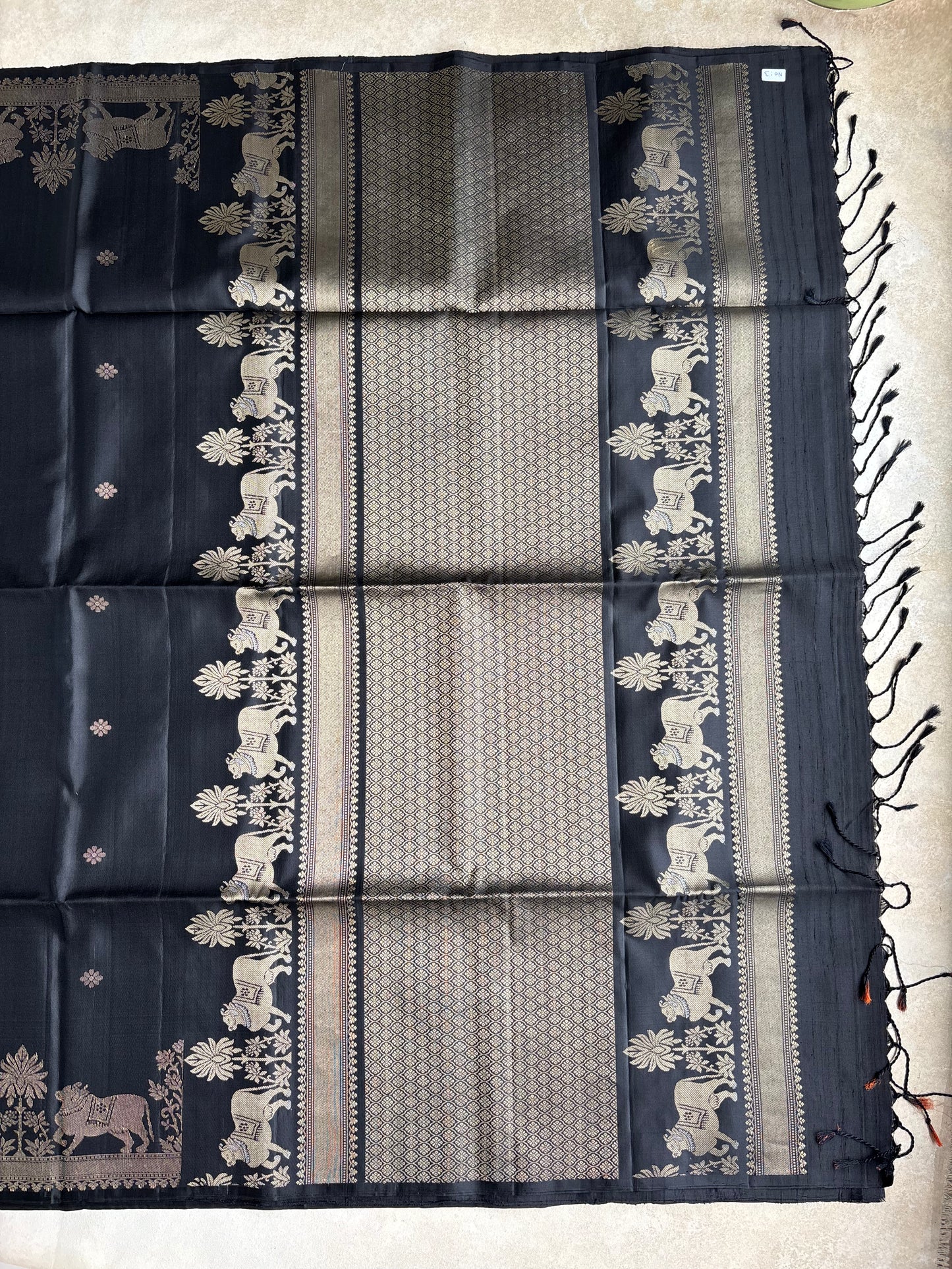 Midnight Black Silk Saree with Divine Cow Motif Border