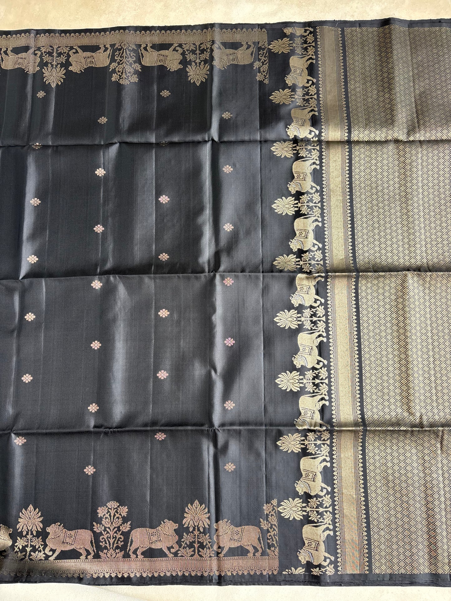 Midnight Black Silk Saree with Divine Cow Motif Border