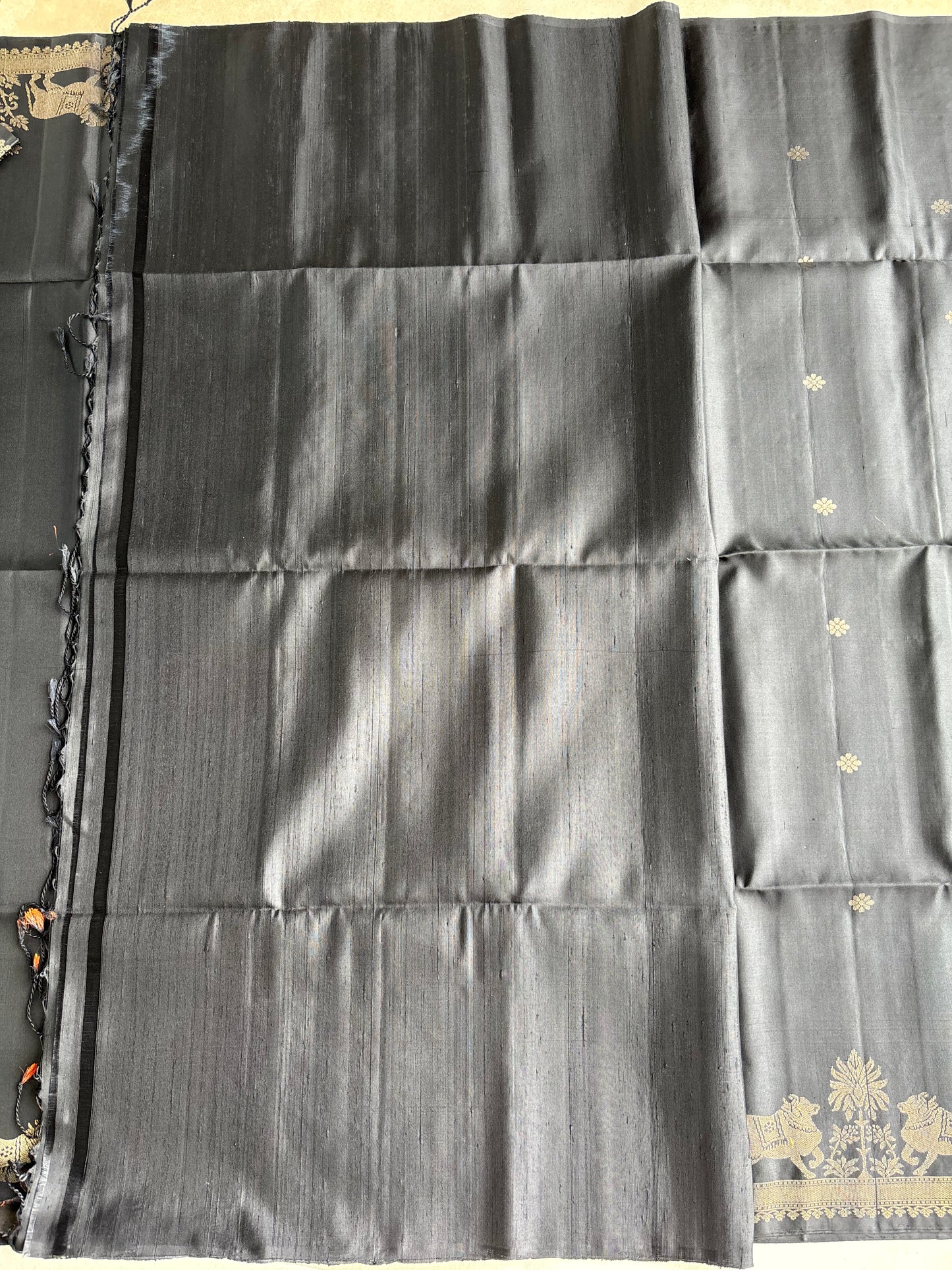 Midnight Black Silk Saree with Divine Cow Motif Border