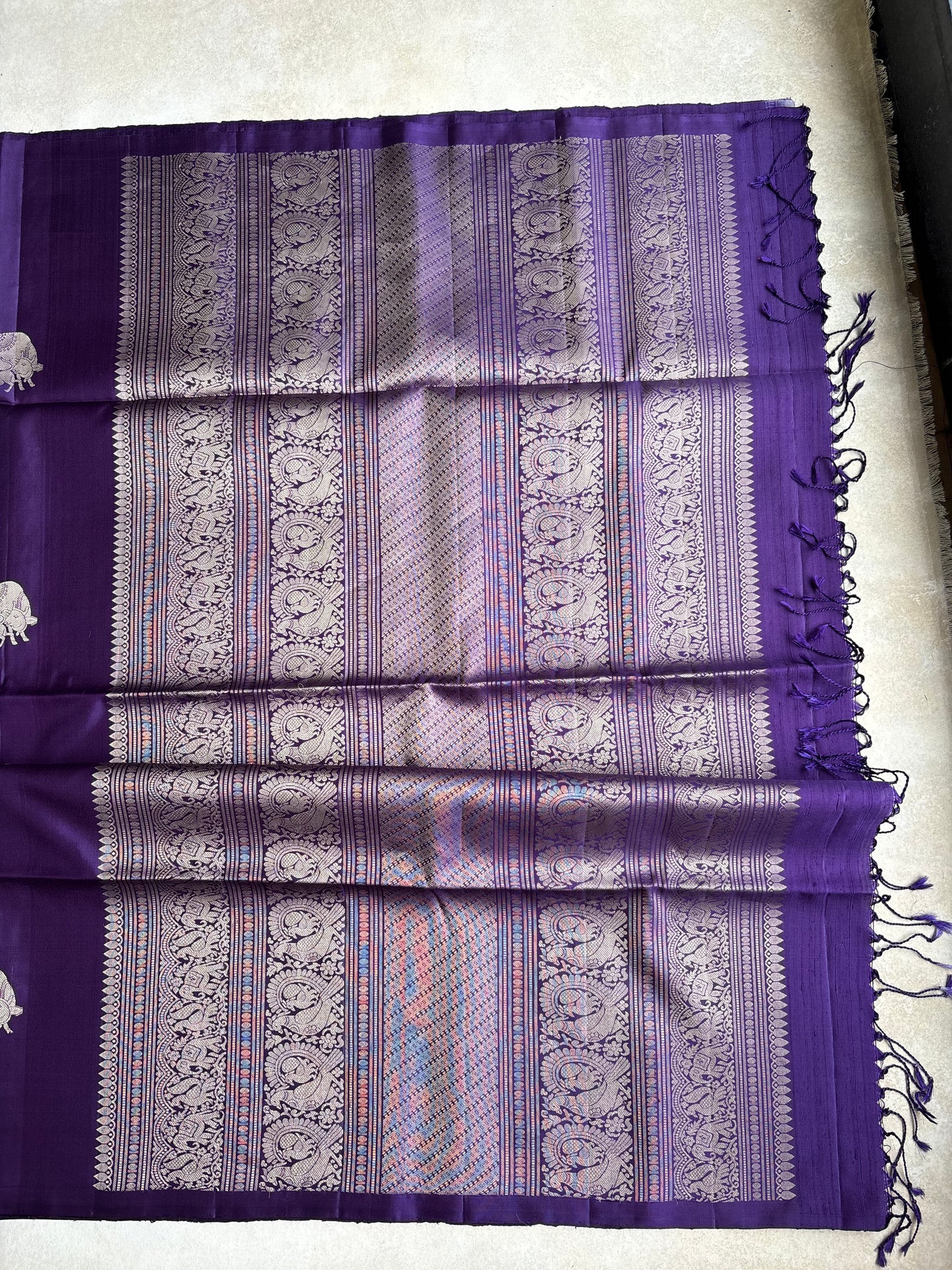 Royal Violet Silk Saree with Kamadhenu Motif Border