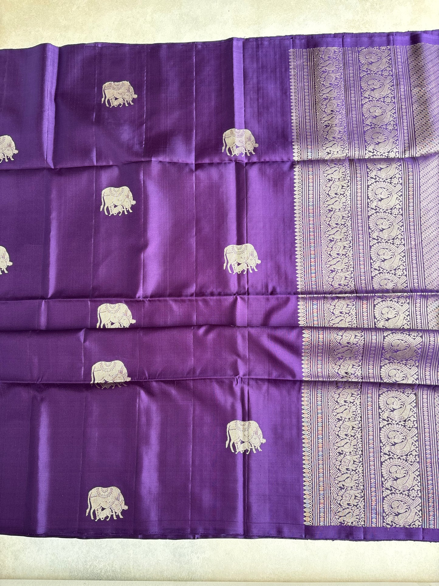 Royal Violet Silk Saree with Kamadhenu Motif Border