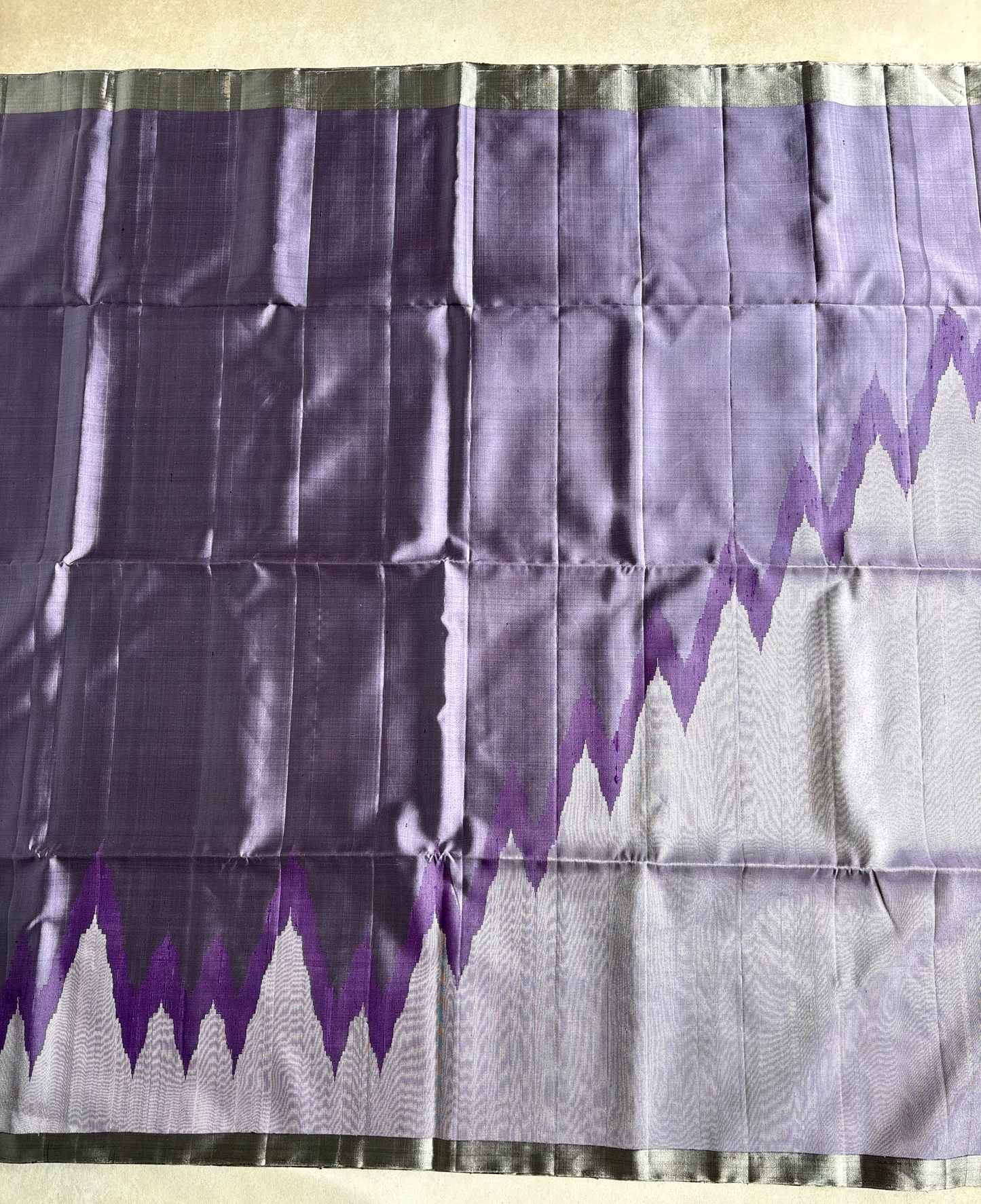 Lavender Grey Silk Saree with Temple-Inspired Geometric Border