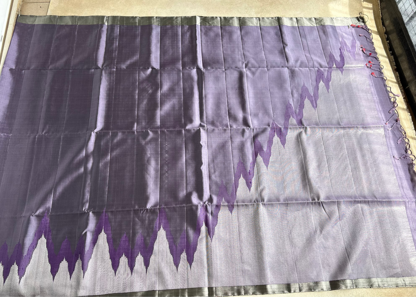 Lavender Grey Silk Saree with Temple-Inspired Geometric Border
