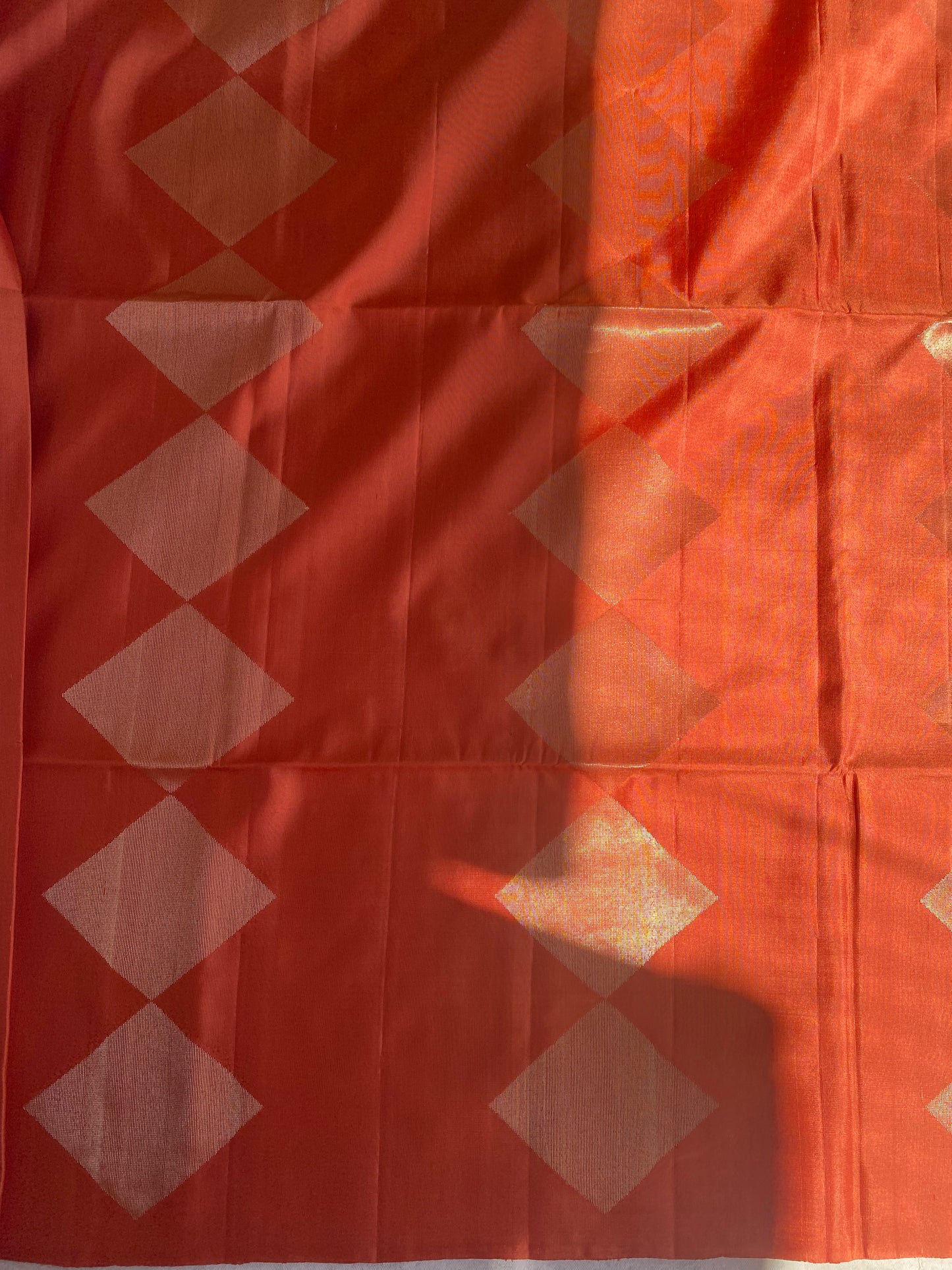 Burnt Orange Silk Saree with Geometric Diamond Motifs