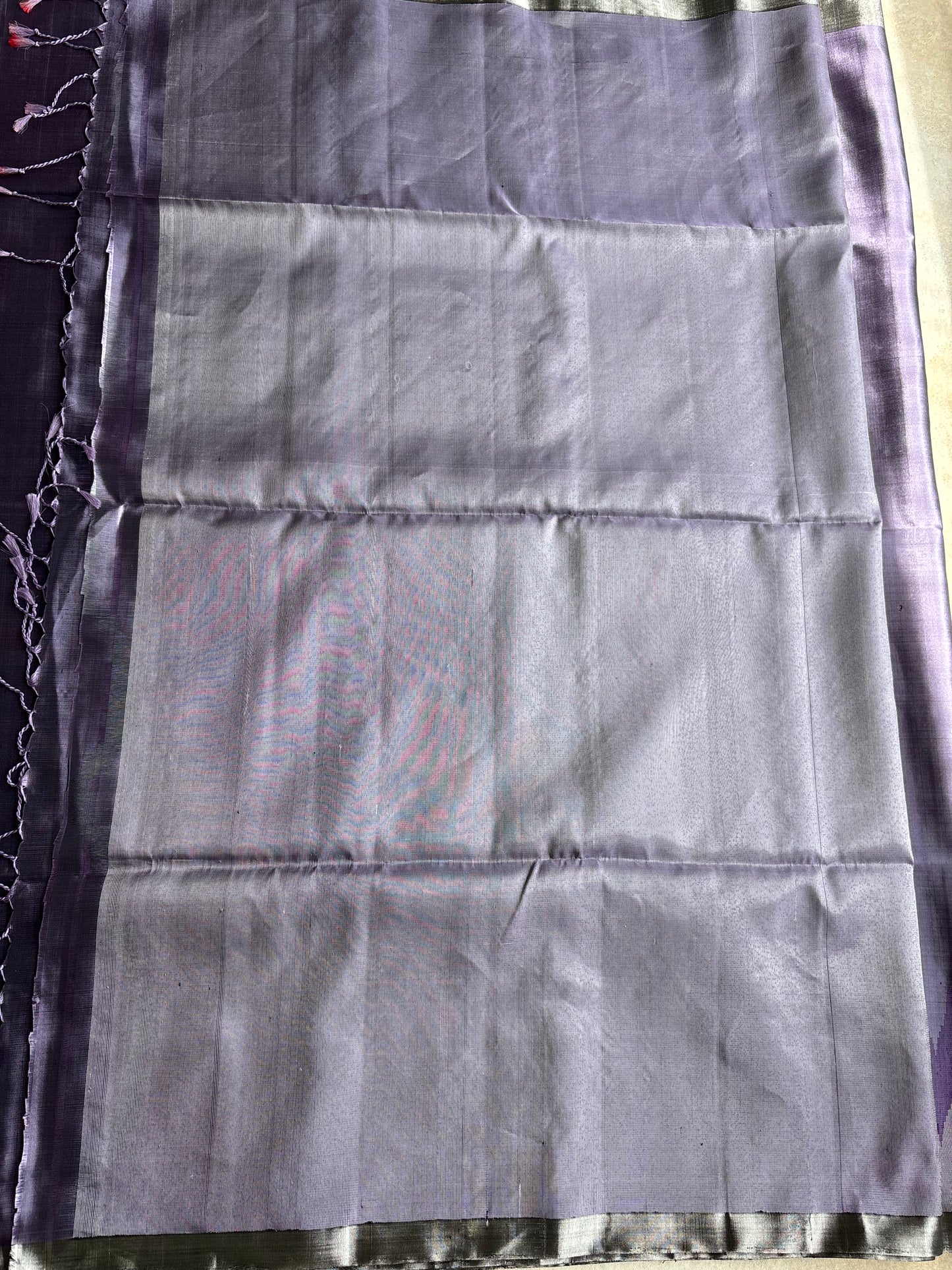 Lavender Grey Silk Saree with Temple-Inspired Geometric Border
