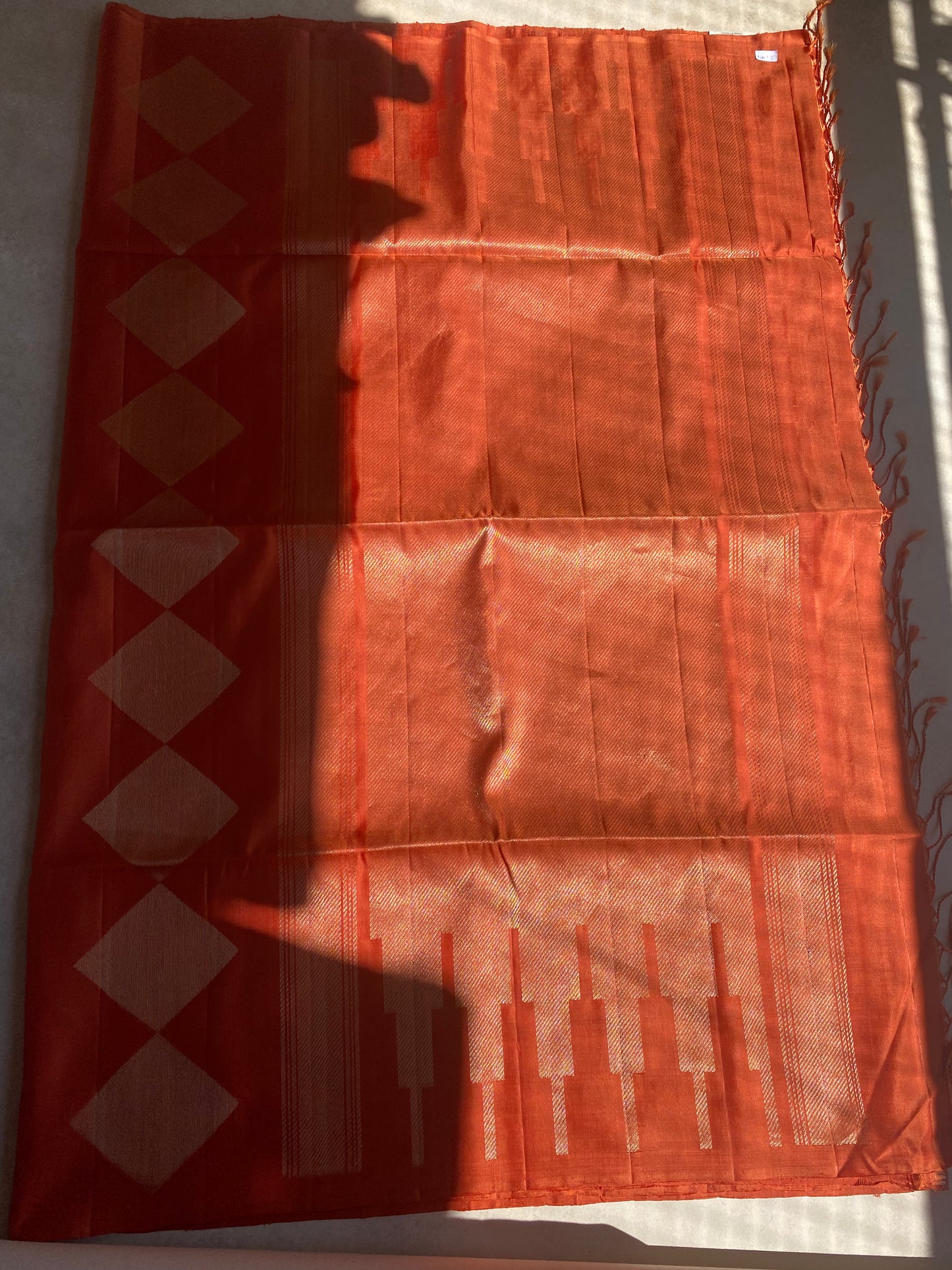 Burnt Orange Silk Saree with Geometric Diamond Motifs