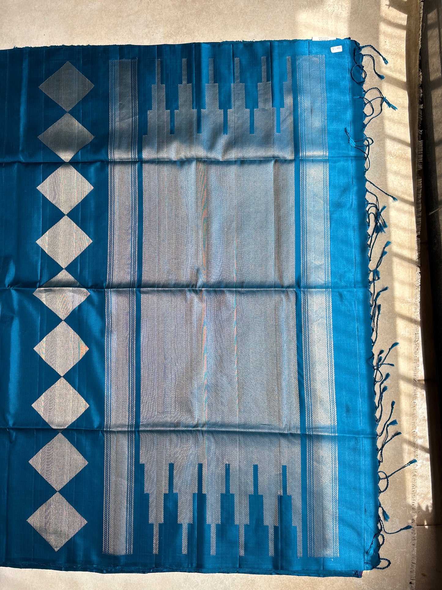 Blue Silk Saree with Geometric Diamond Motifs