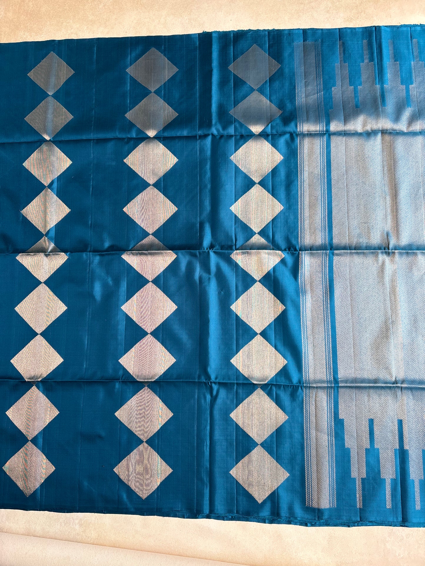 Blue Silk Saree with Geometric Diamond Motifs