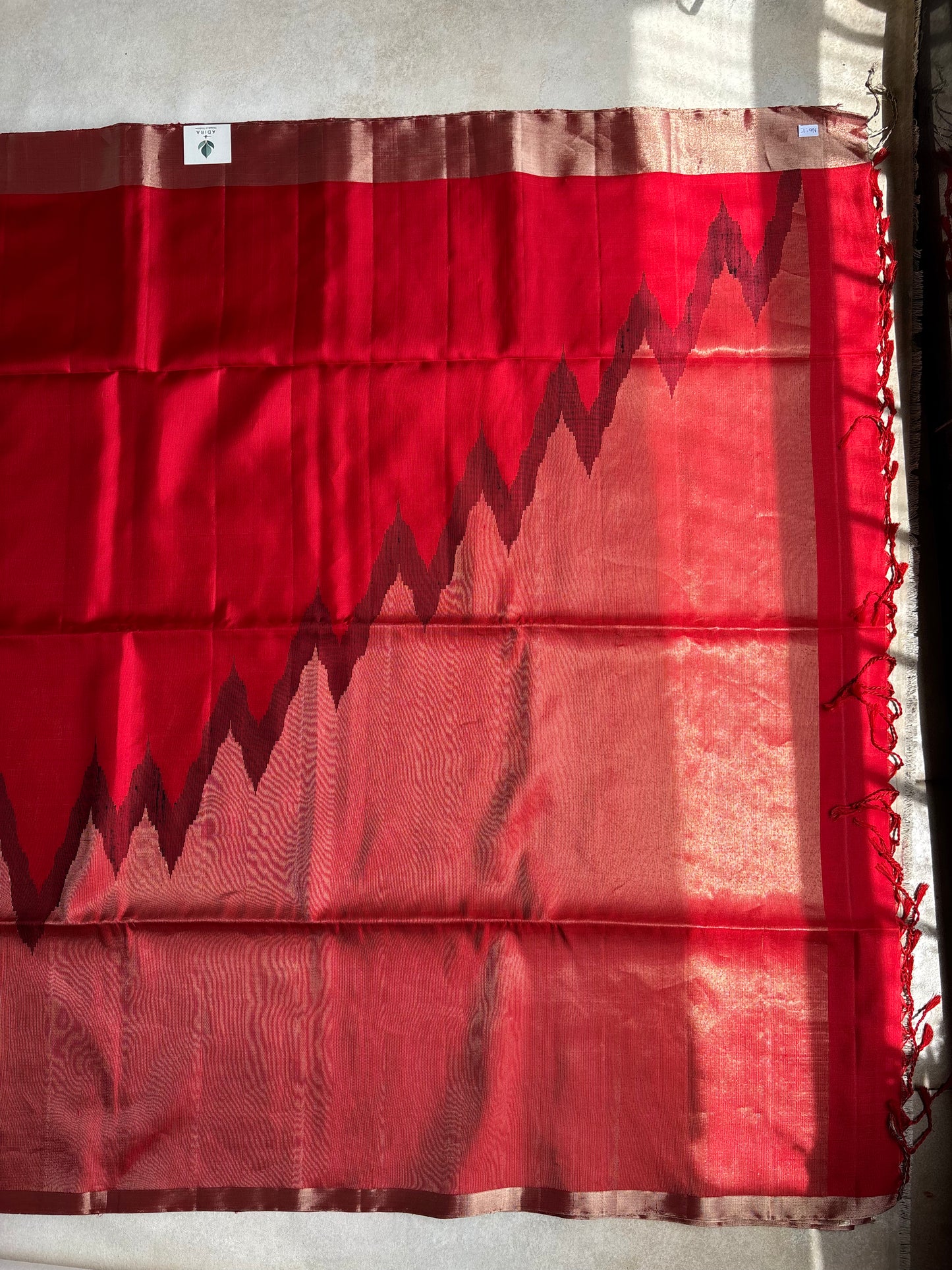 Crimson Red Silk Saree with Temple-Inspired Geometric Border