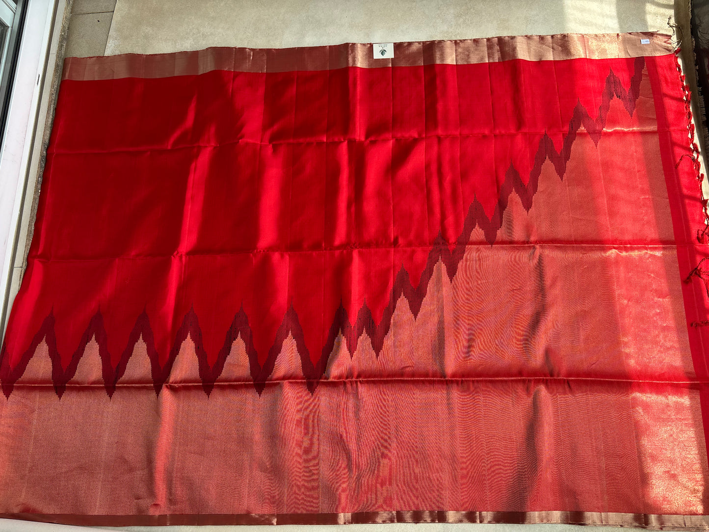 Crimson Red Silk Saree with Temple-Inspired Geometric Border