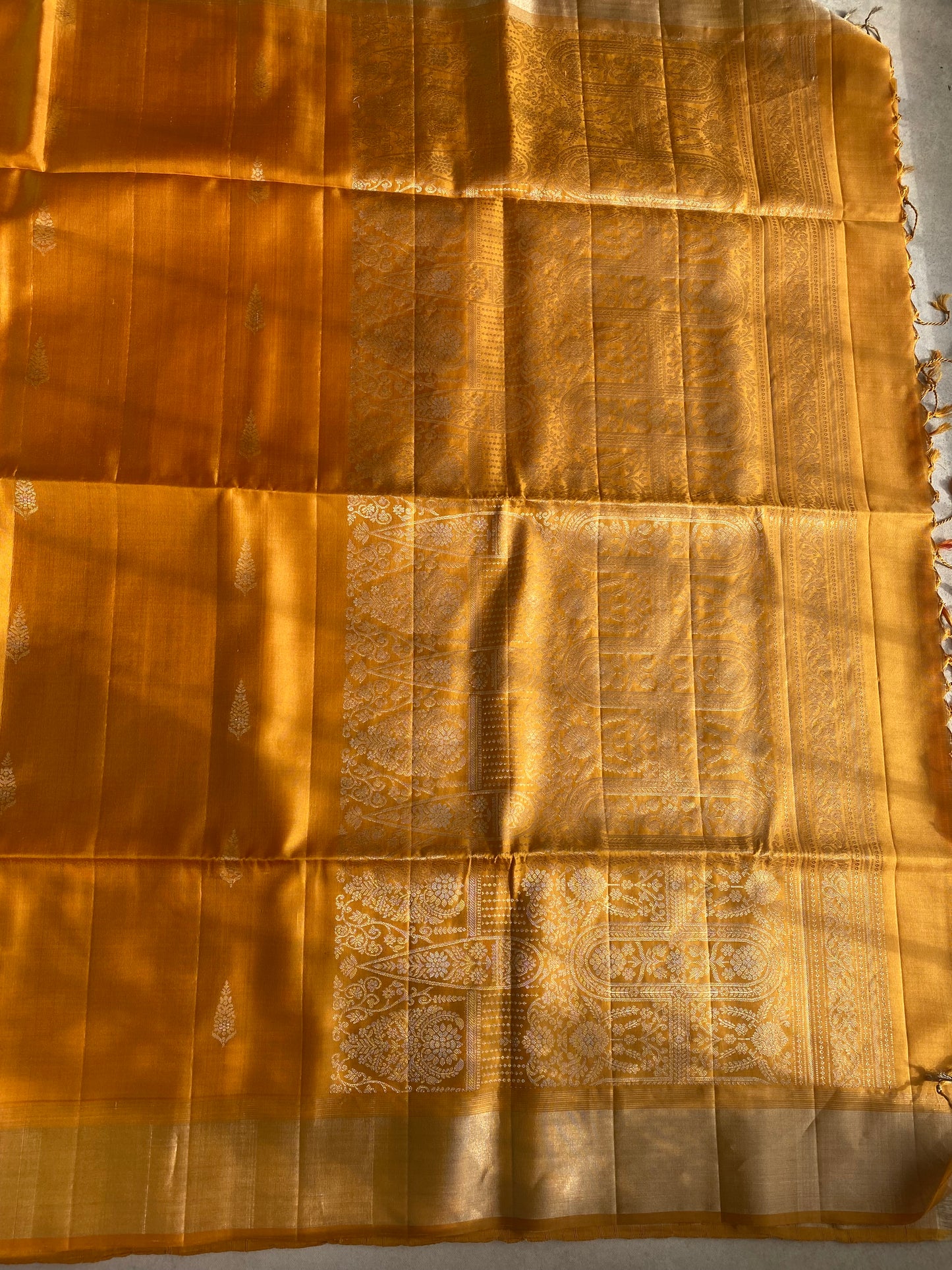 Mustard Gold Silk Saree with Floral Buttas and Grand Zari Pallu