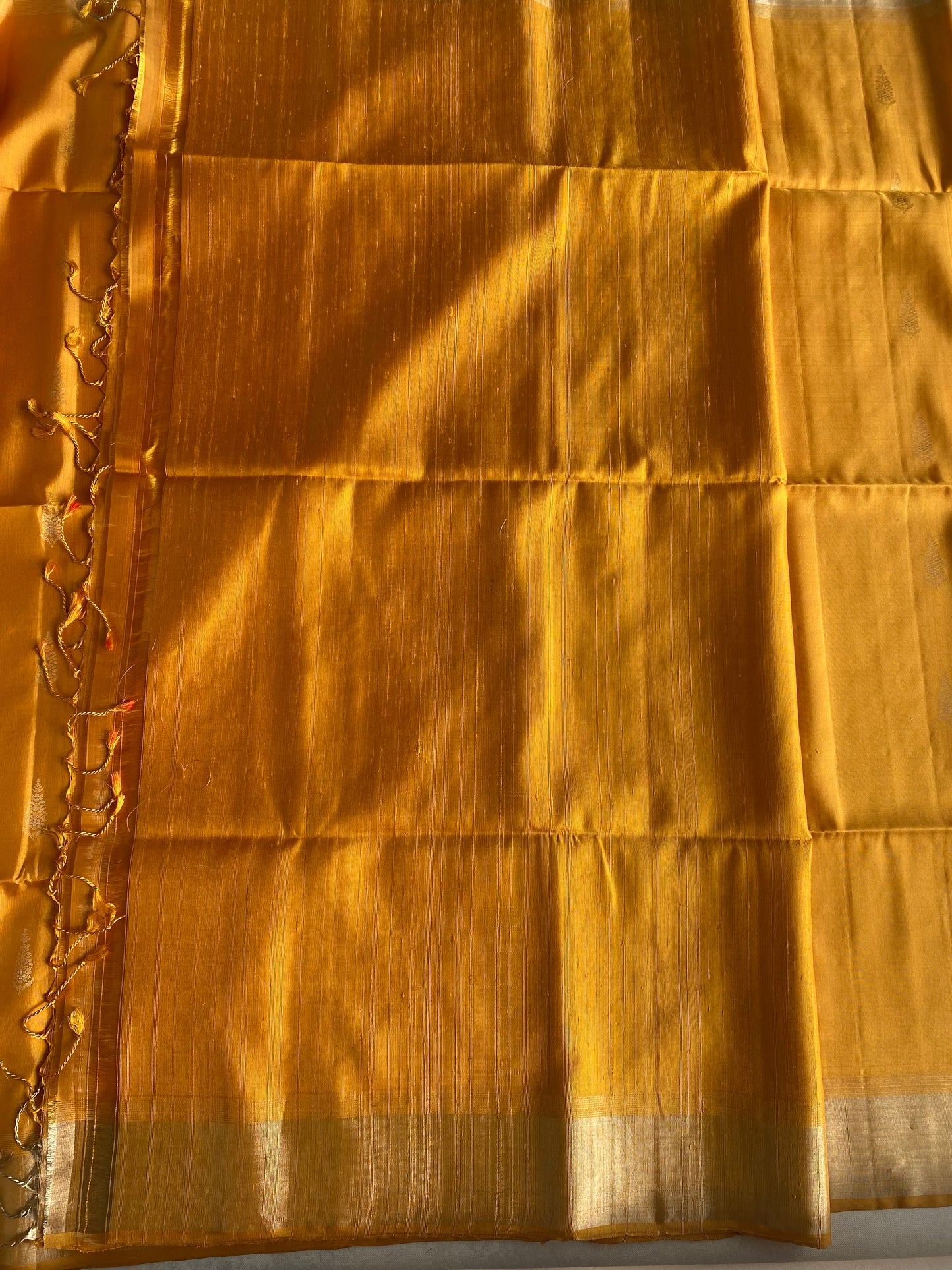 Mustard Gold Silk Saree with Floral Buttas and Grand Zari Pallu