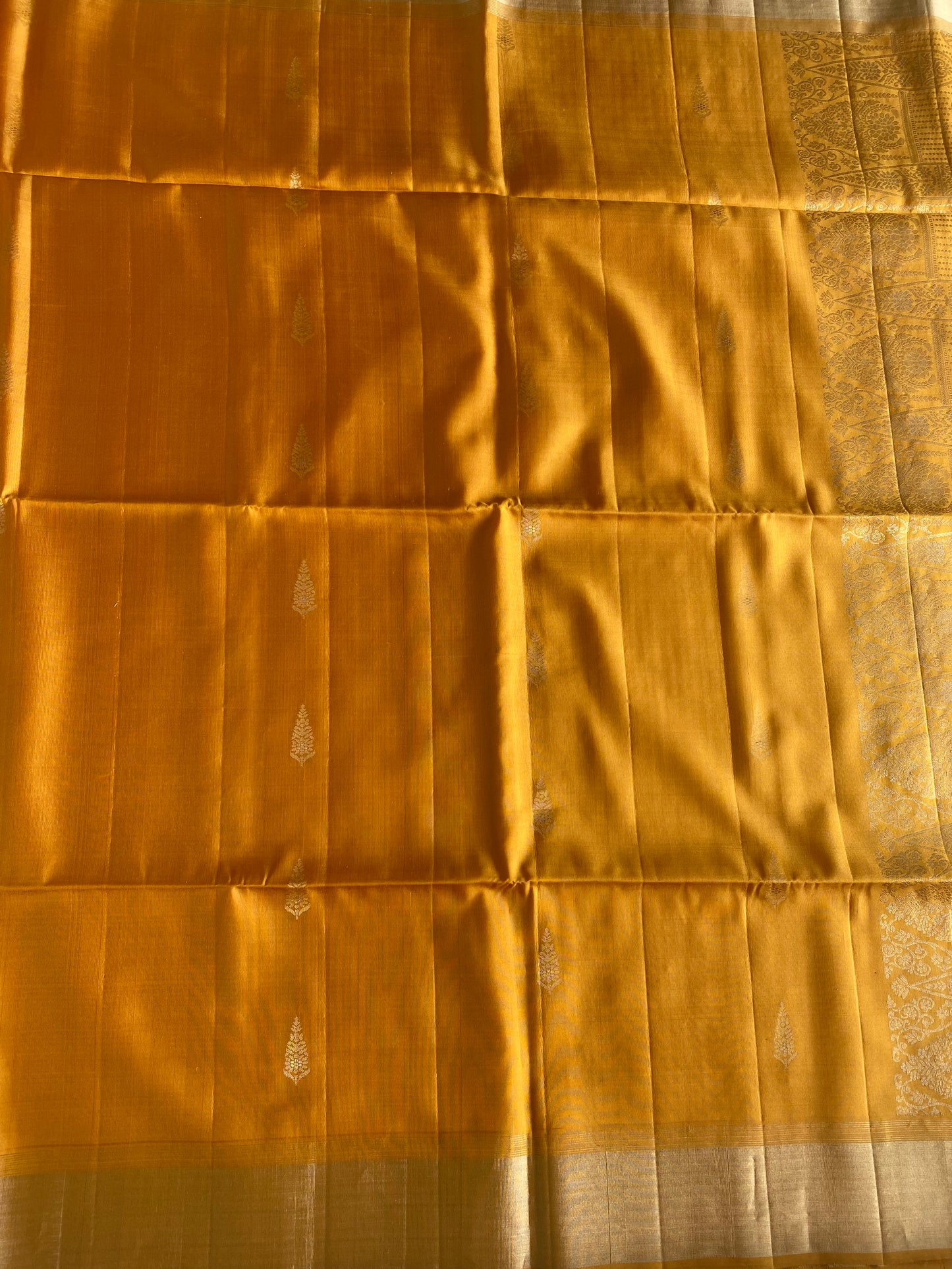 Mustard Gold Silk Saree with Floral Buttas and Grand Zari Pallu