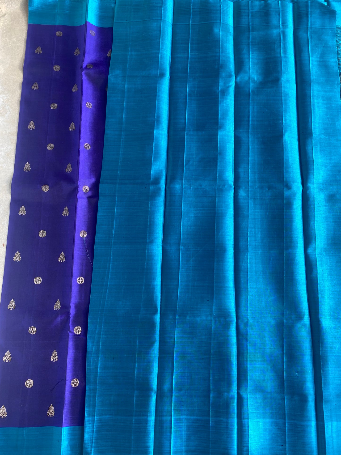 Royal Violet Silk Saree with Contrast Turquoise Border and Traditional Buttas