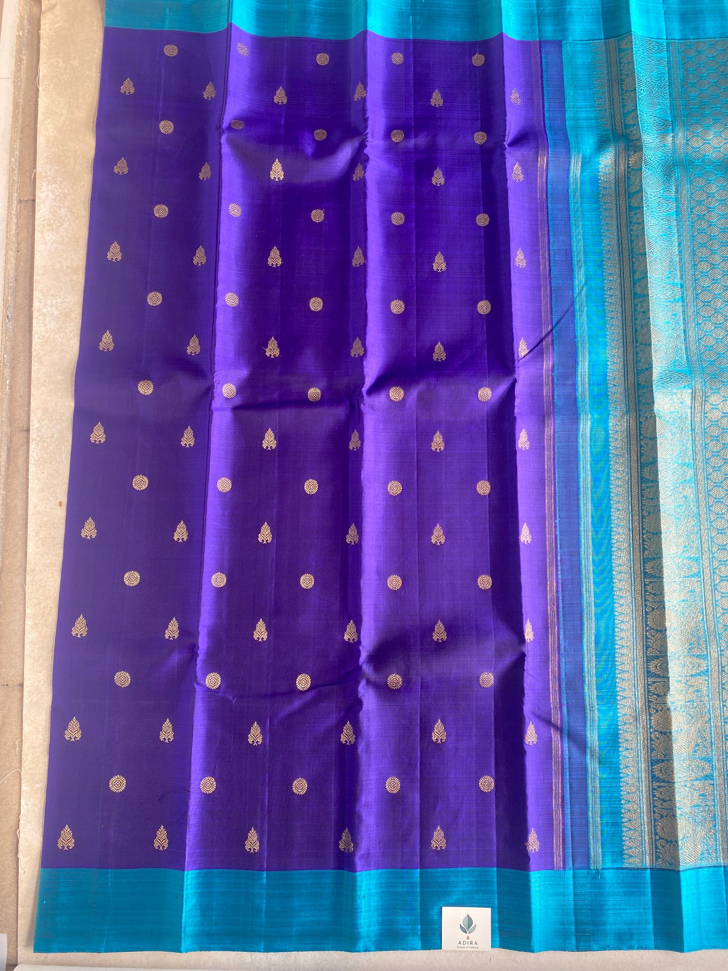 Royal Violet Silk Saree with Contrast Turquoise Border and Traditional Buttas