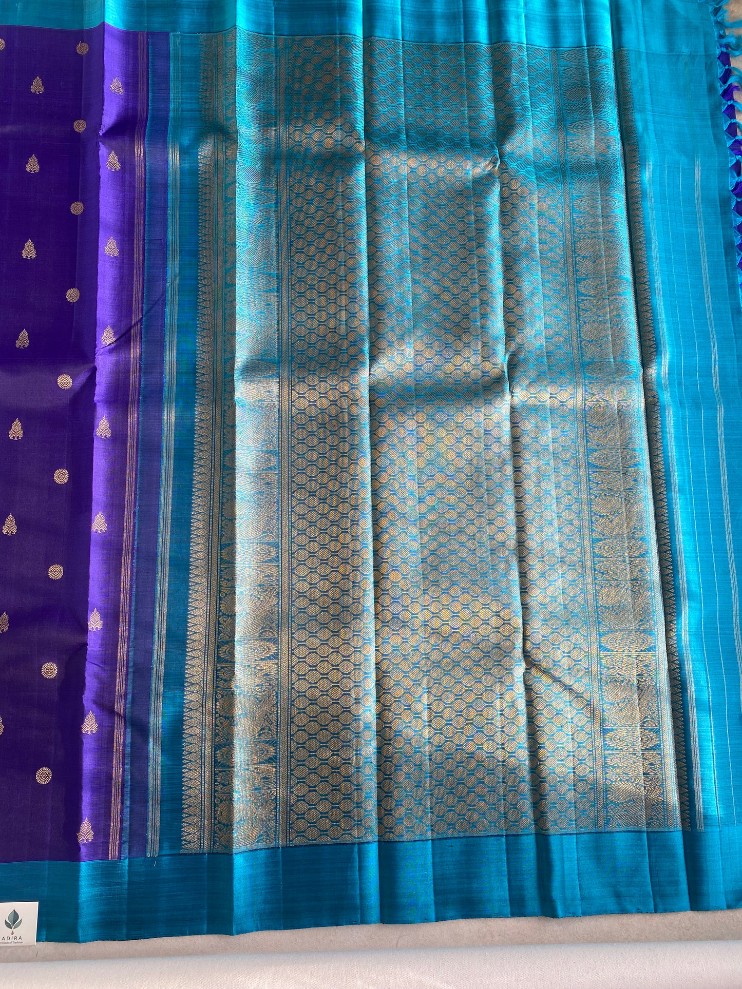 Royal Violet Silk Saree with Contrast Turquoise Border and Traditional Buttas