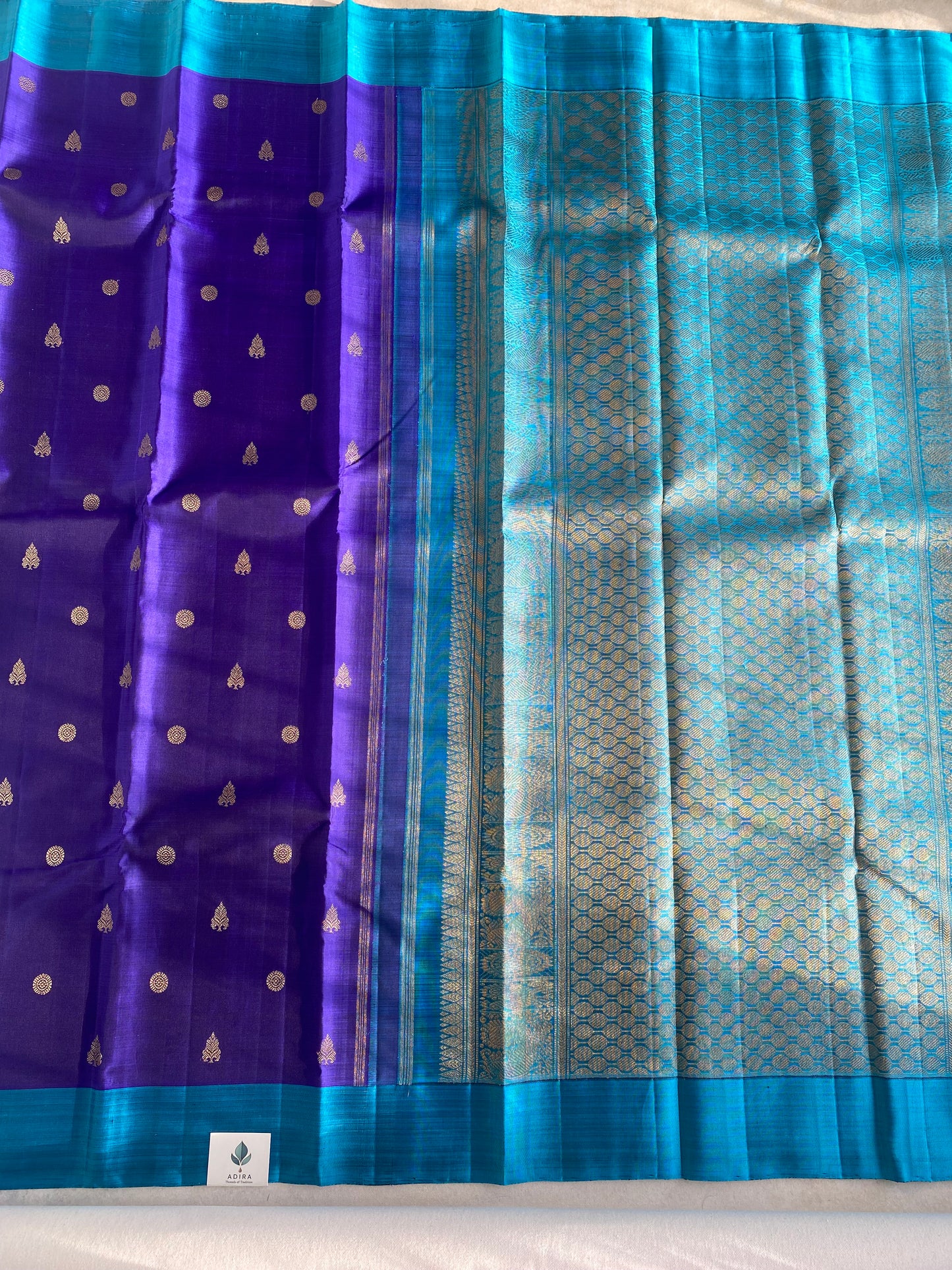 Royal Violet Silk Saree with Contrast Turquoise Border and Traditional Buttas