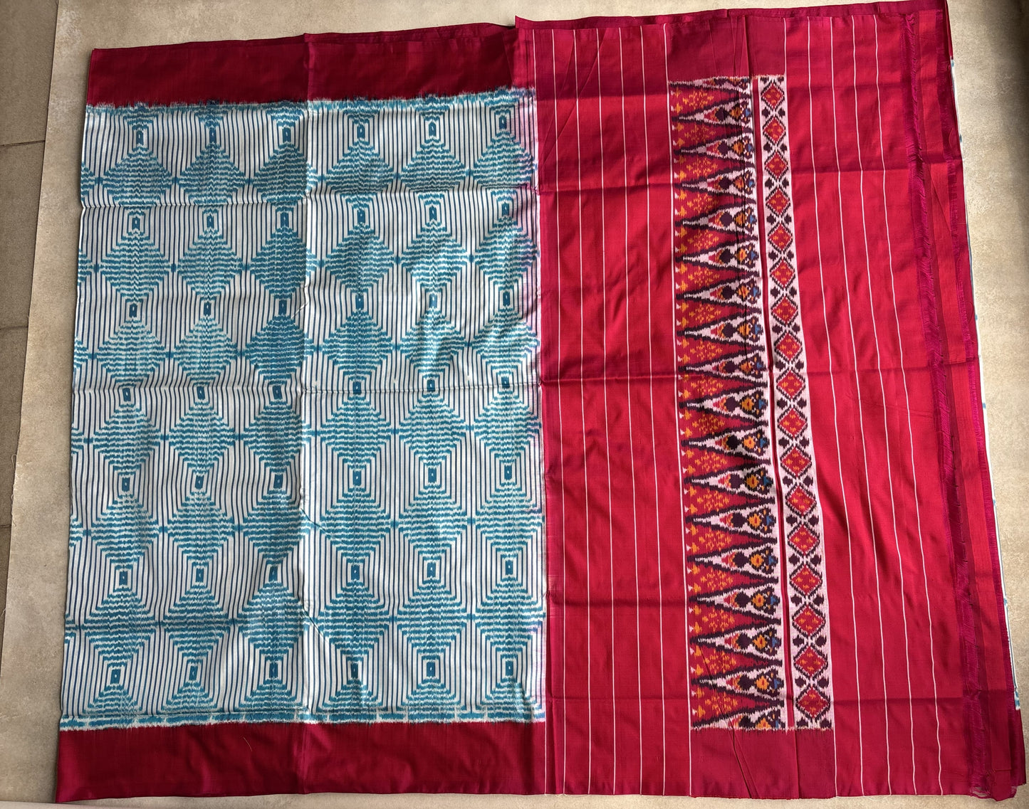Blue Pink Ikkat Hand oven Silk Saree