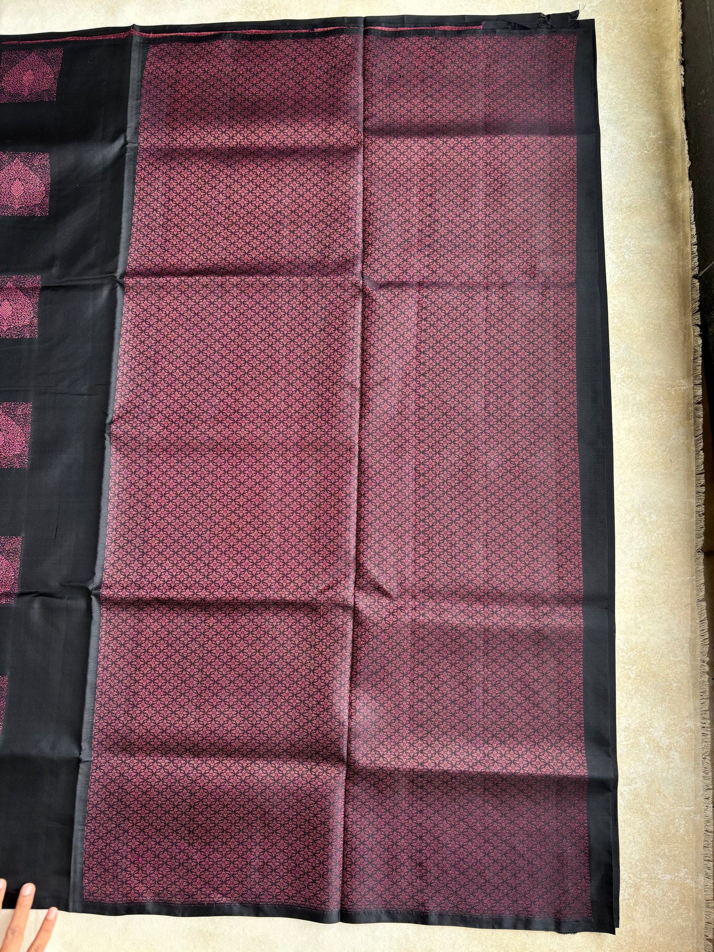 Midnight Black Silk Saree with Burgundy Heritage Motifs