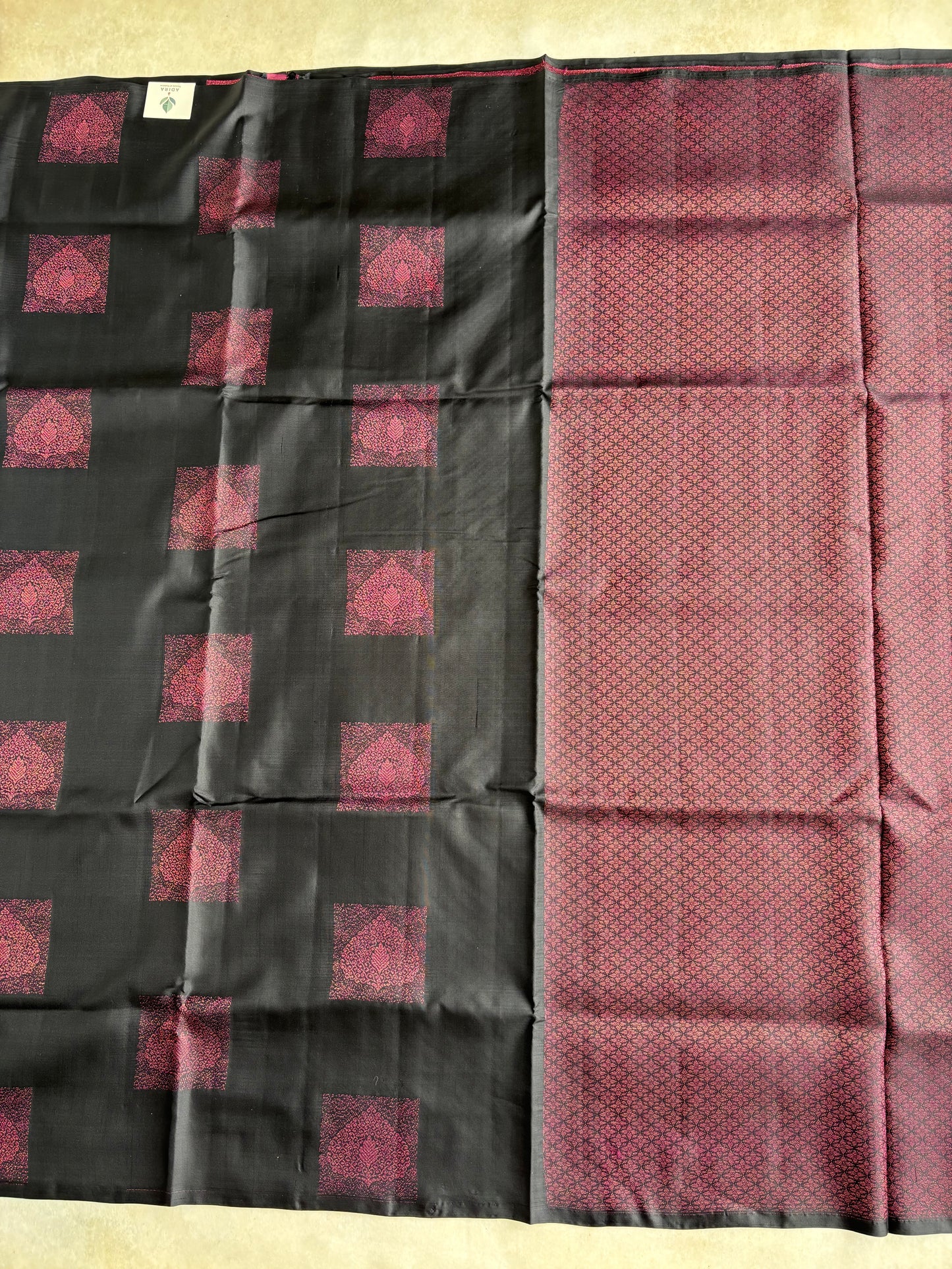 Midnight Black Silk Saree with Burgundy Heritage Motifs