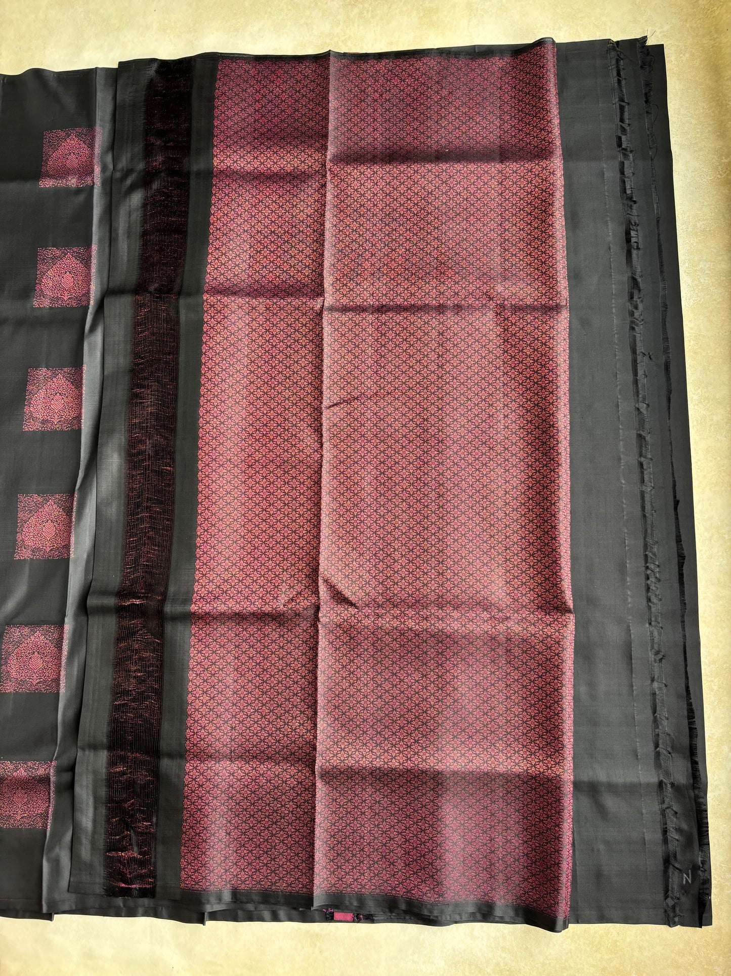 Midnight Black Silk Saree with Burgundy Heritage Motifs