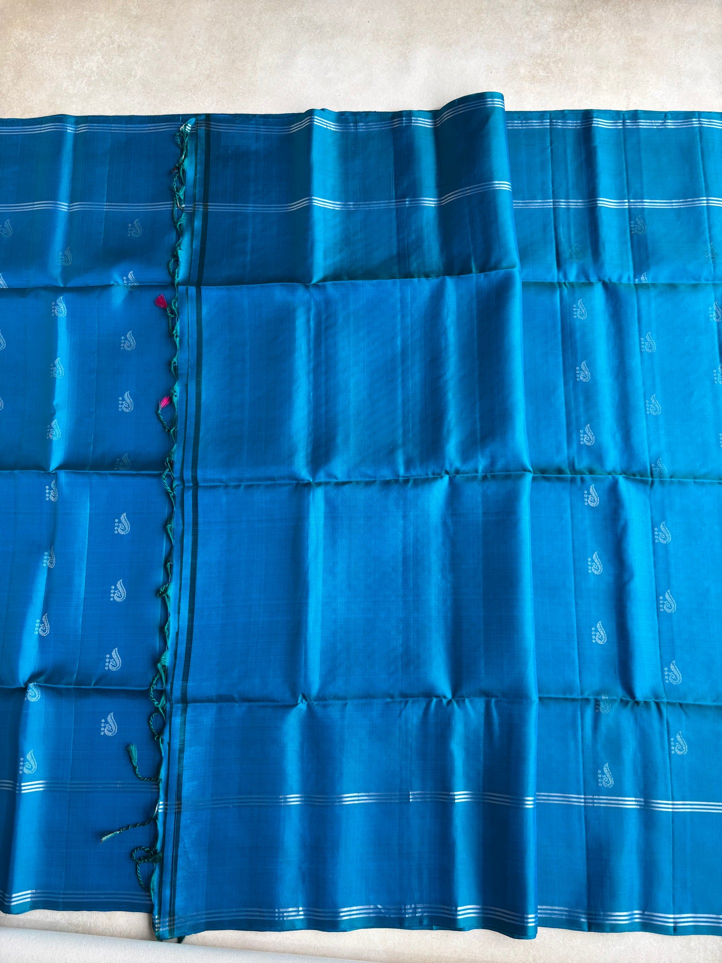 Turquoise Blue Silk Saree with Paisley Motifs